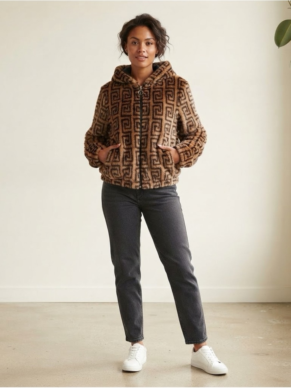 Honey Bum Faux Fur Geometric Hooded Bomber Zip Up Jacket